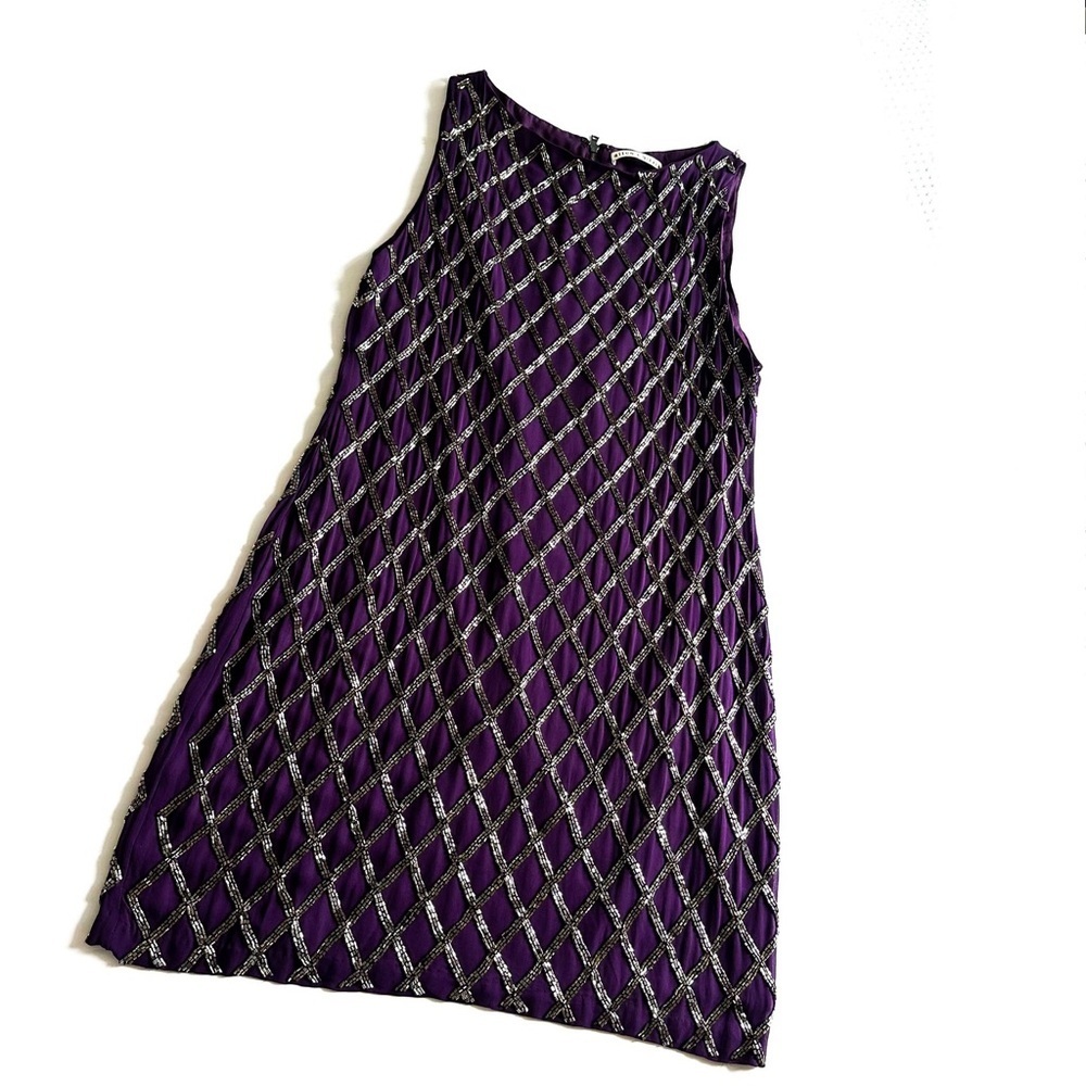 Alice + Olivia Royal Purple Silk with Silver Beaded Silk Sheath Dress 6